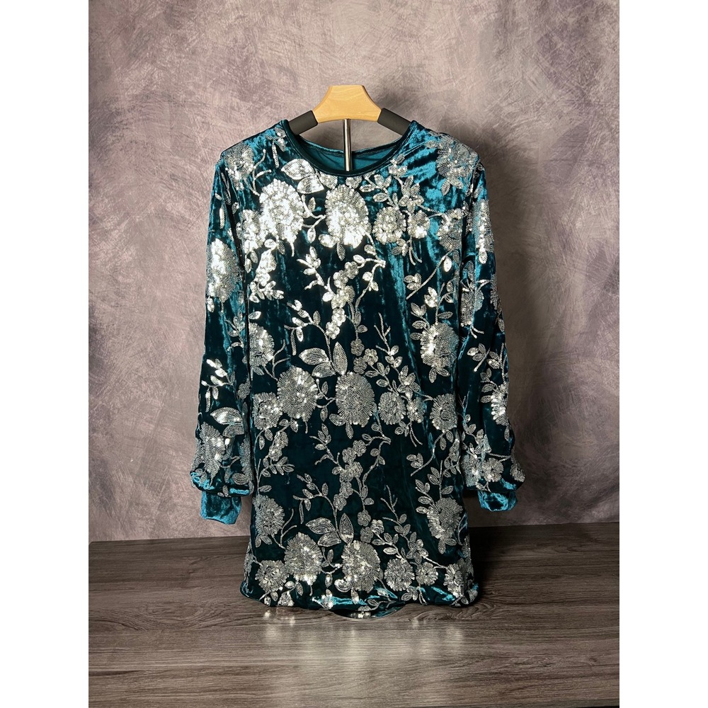 Shein Sequin Velvet Tie Back Mini Dress Floral Teal Silver Lush Shimmer Size L